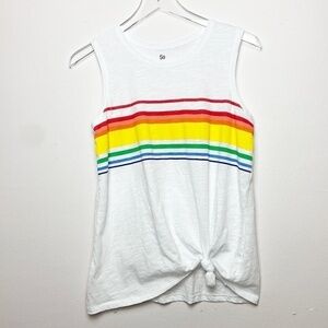 SO | Rainbow Striped Graphic White Tank Top Small